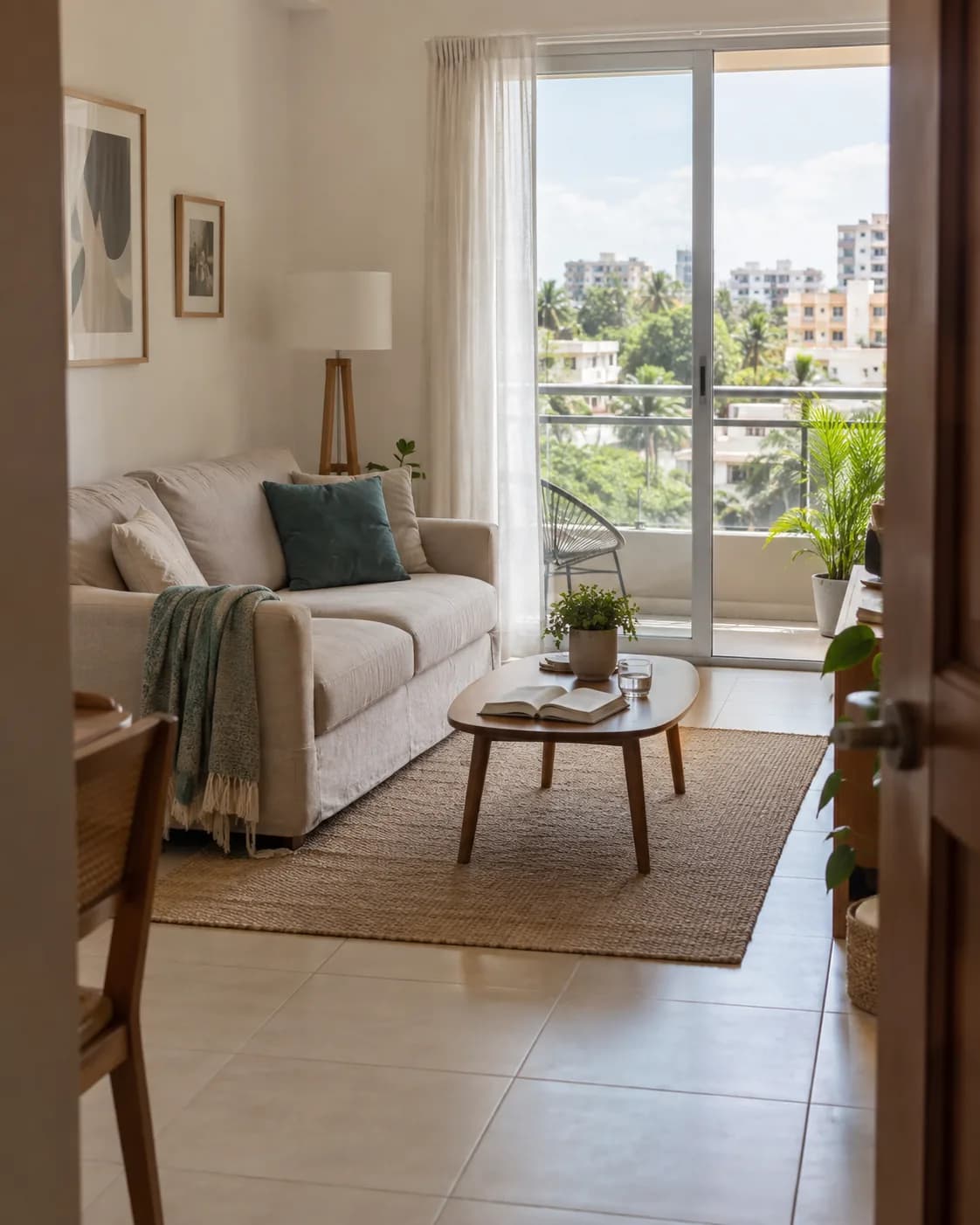 Escena ilustrativa de un apartamento cuidado, con luz natural y balcón